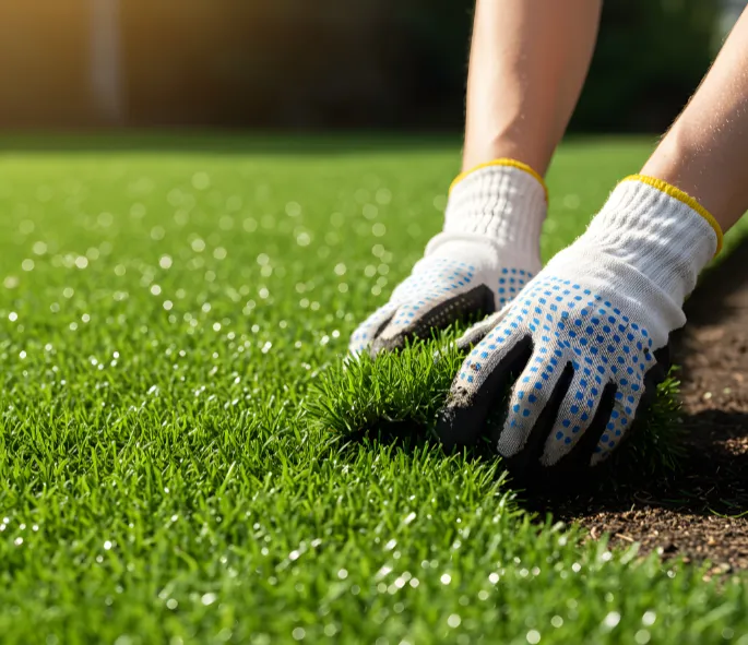 Gloved hands working on artificial turf